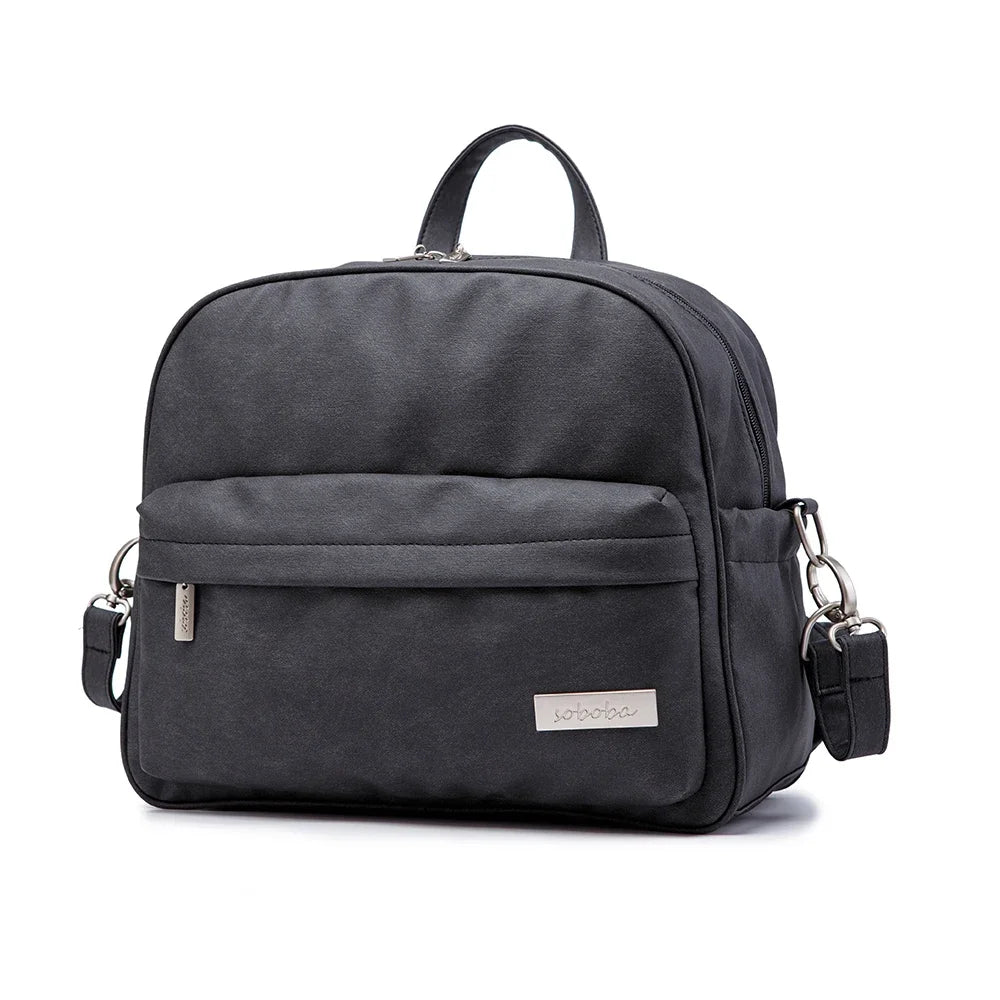 Gray backpack with a visible brand label on a white background
