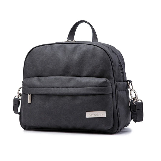 Gray backpack with a visible brand label on a white background