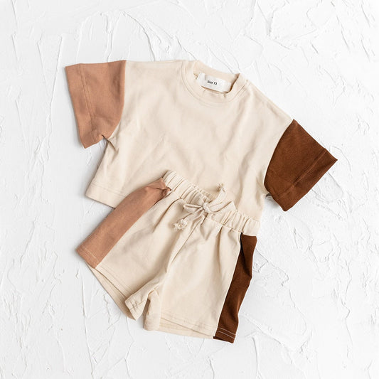 2 Piece Set: Baby Toddlers Cotton Short Sleeve Tan Color Block Top and Shorts