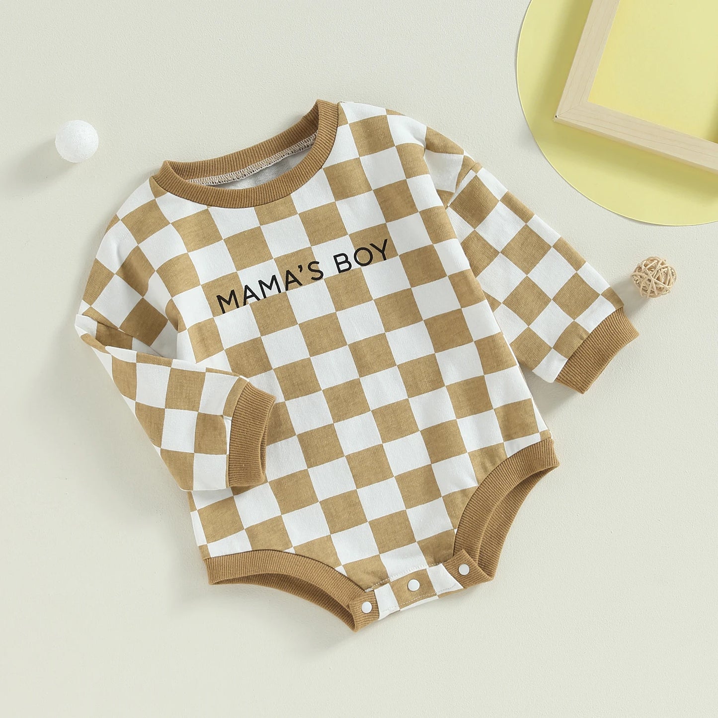 Baby Toddler Mustard Yellow Mama’s Boy Checkerboard Long Sleeve Crewneck Romper