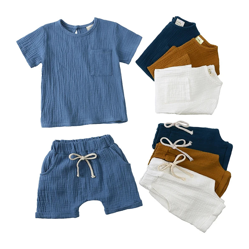 2 Pc Set: Summer Toddler Baby Blue Cotton Short Sleeve and Shorts Set