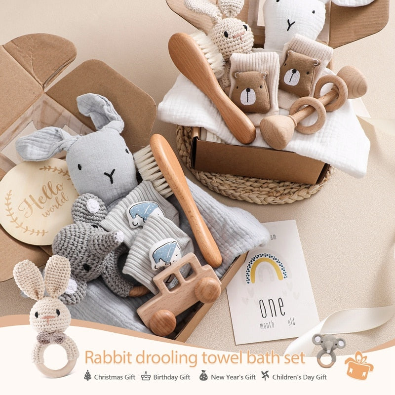6 Pc Set: Newborn Baby Blue Bunny Animal Lovey Bath Toy Gift Box Set