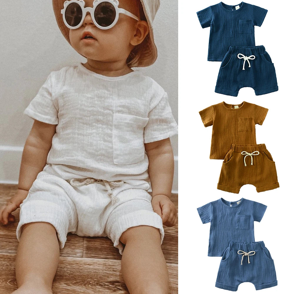 2 Pc Set: Summer Toddler Baby Blue Cotton Short Sleeve and Shorts Set