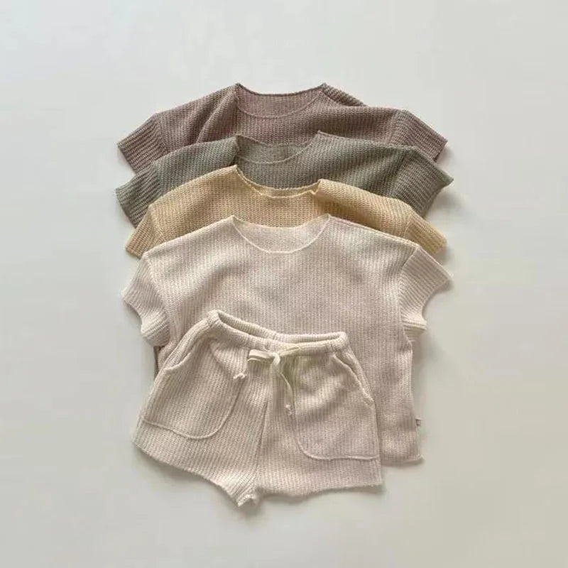 Unisex Toddler Kids Cream Waffle T-shirt and Shorts Soft Casual Set