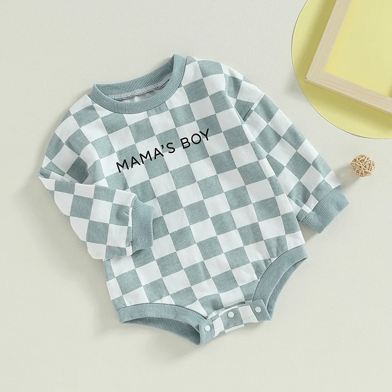 Baby Toddler Mama’s Boy Blue Checkerboard Long Sleeve Crewneck Romper