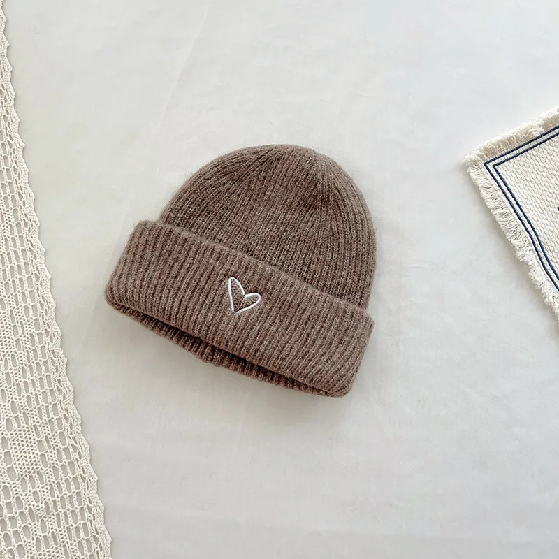 Unisex Brown Love Embroidery Toddler Kids Winter Knitted Hat