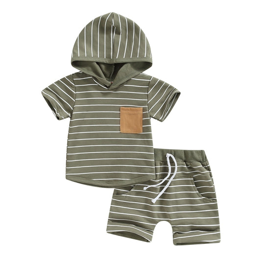 2 Pc: Baby Boy Army Green Short Sleeve Striped Hooded Sweatshirt and Shorts Summer Set