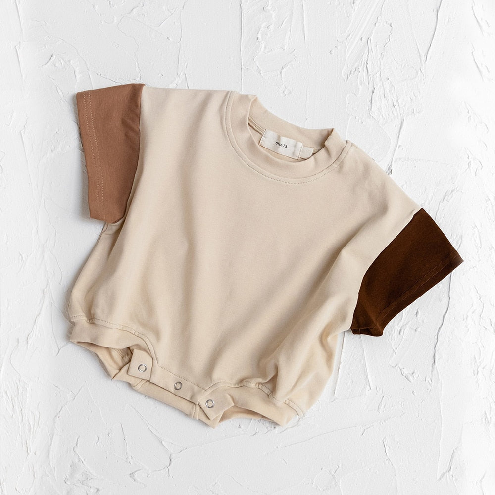 Baby Toddlers Cotton Short Sleeve Tan Color Block Romper