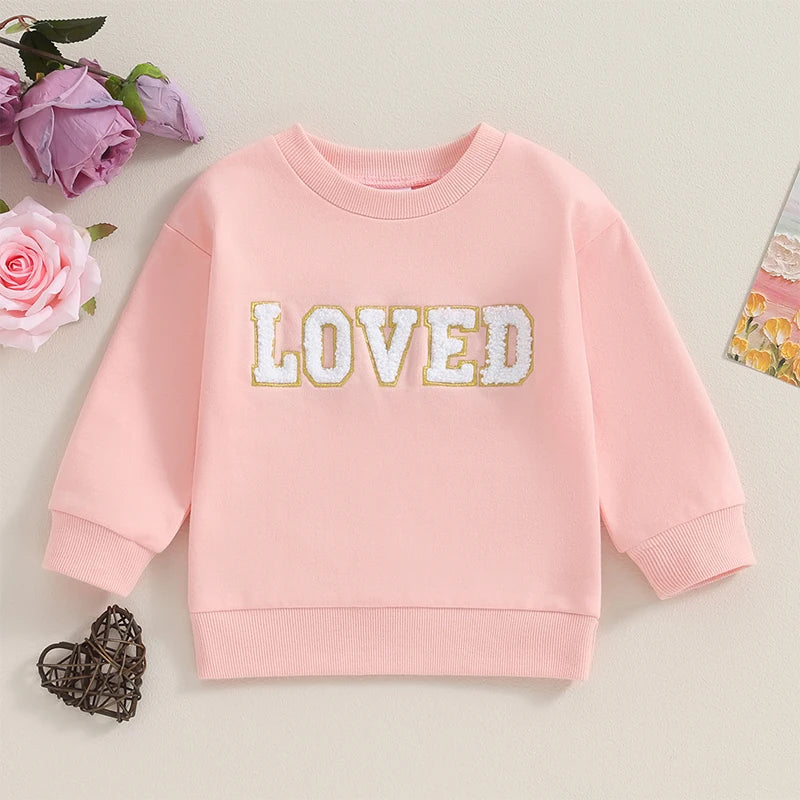 Baby Toddler Pink Loved Valentine’s Day Embroidery Long Sleeve Sweater