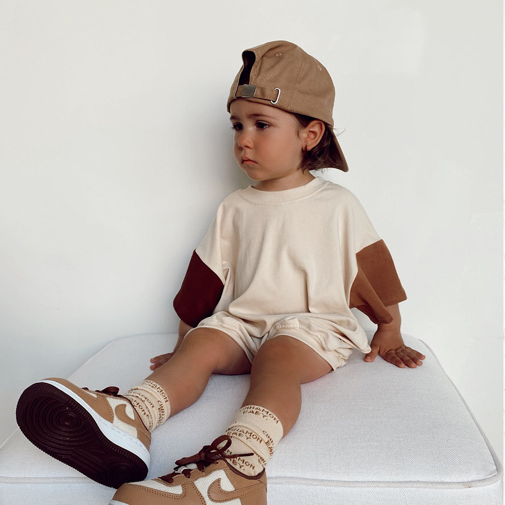2 Piece Set: Baby Toddlers Cotton Short Sleeve Tan Color Block Top and Shorts