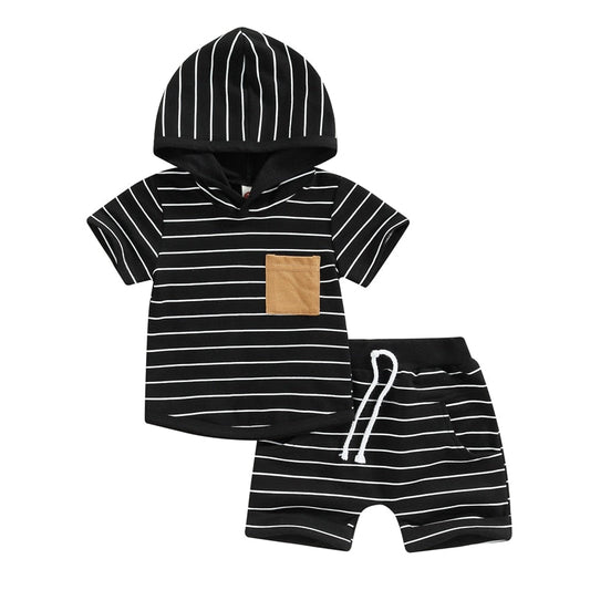 2 Pc: Baby Boy Black Short Sleeve Striped Hooded Sweatshirt and Shorts Summer Set