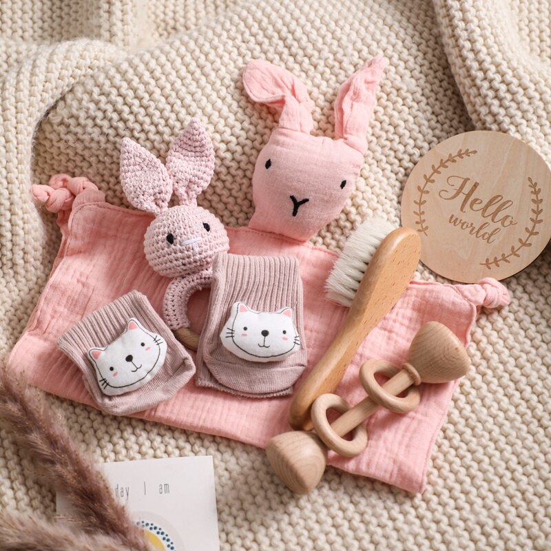 6 Pc Set: Newborn Baby Pink Bunny Animal Lovey Bath Toy Gift Box Set