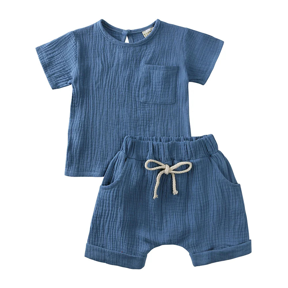 2 Pc Set: Summer Toddler Baby Blue Cotton Short Sleeve and Shorts Set