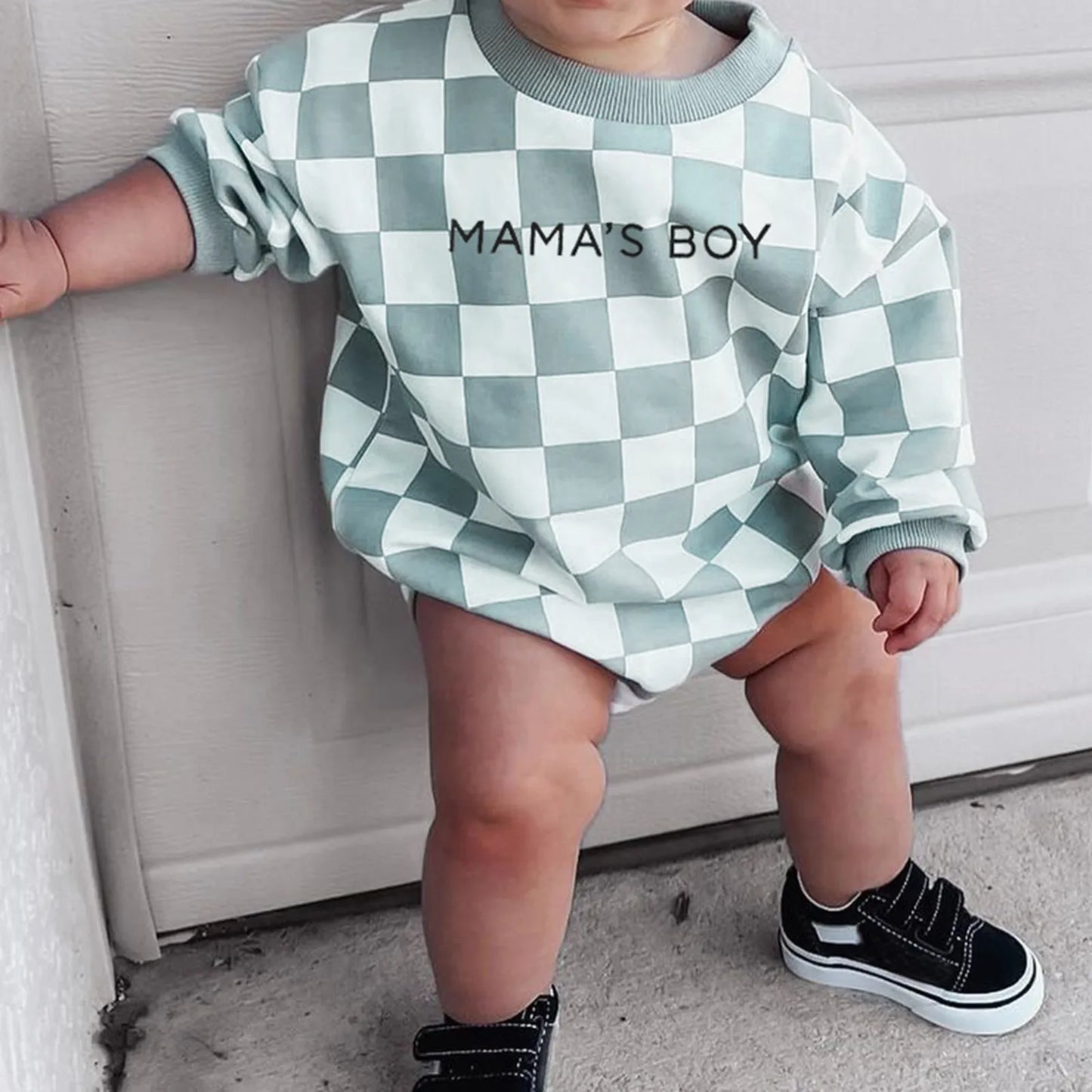 Baby Toddler Mama’s Boy Blue Checkerboard Long Sleeve Crewneck Romper