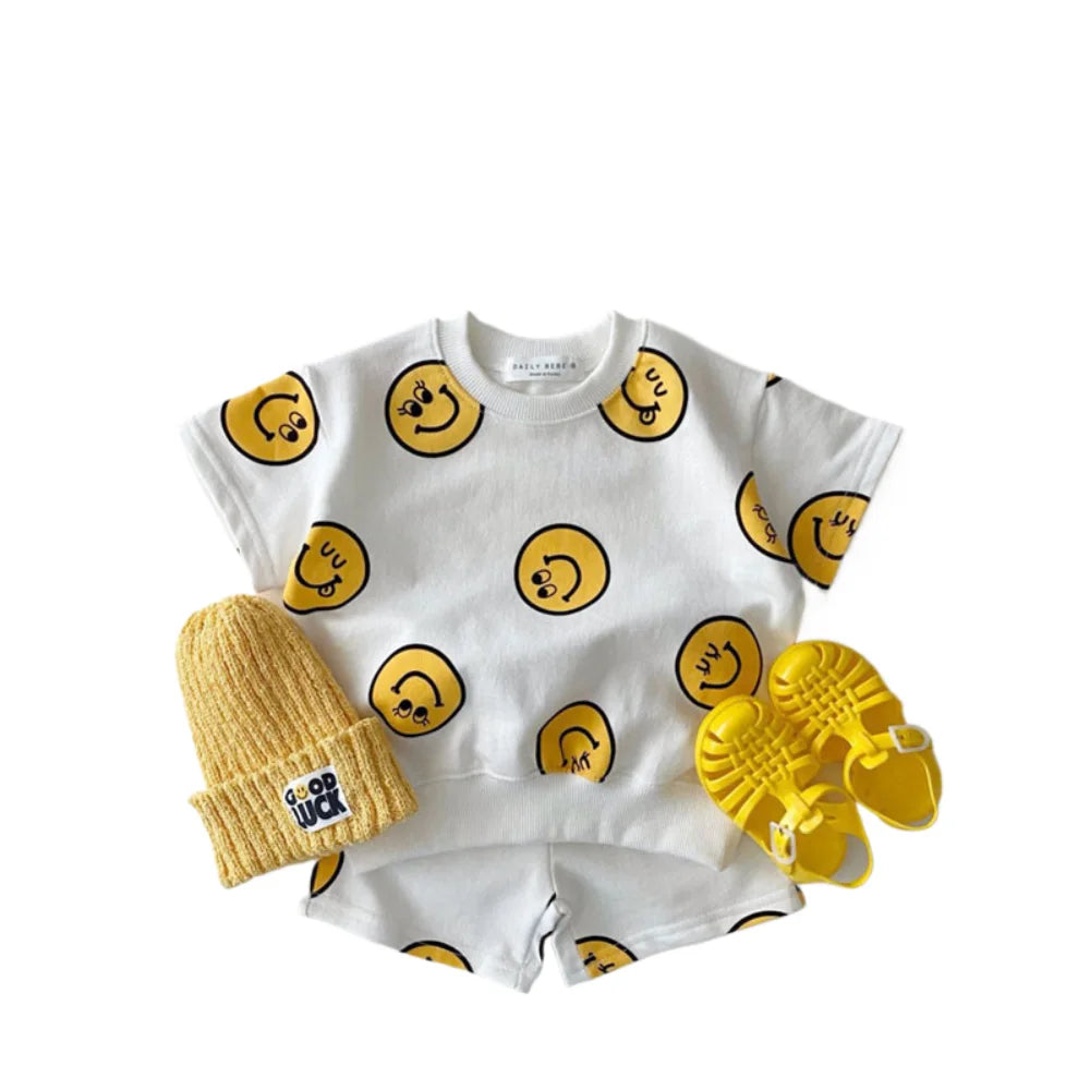 2 Pc Set: Baby Toddler Summer White T-Shirt and Shorts Smile Set