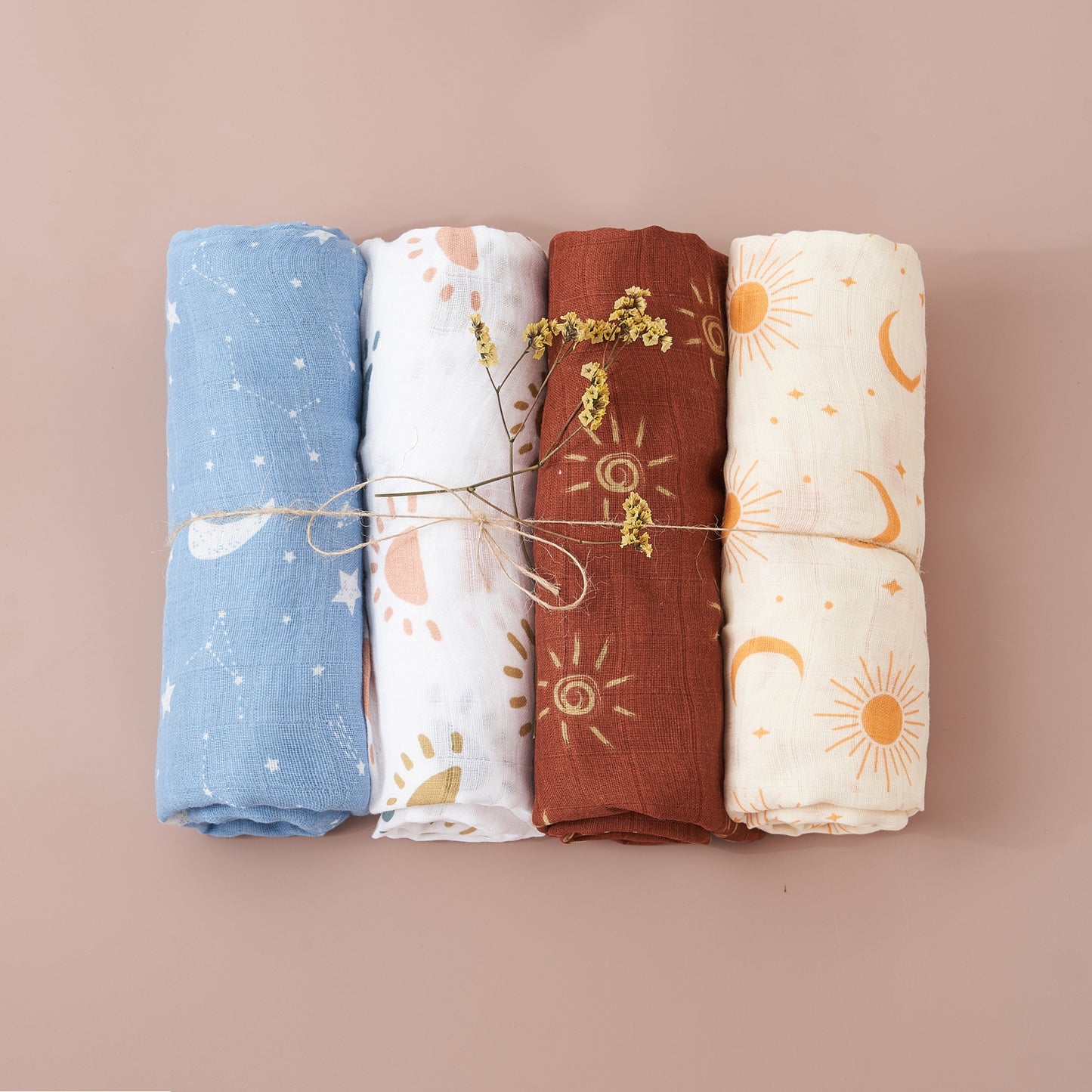 4 Pc Set: Swaddle Blanket Bamboo Muslin Cotton Gift Set Newborn Baby