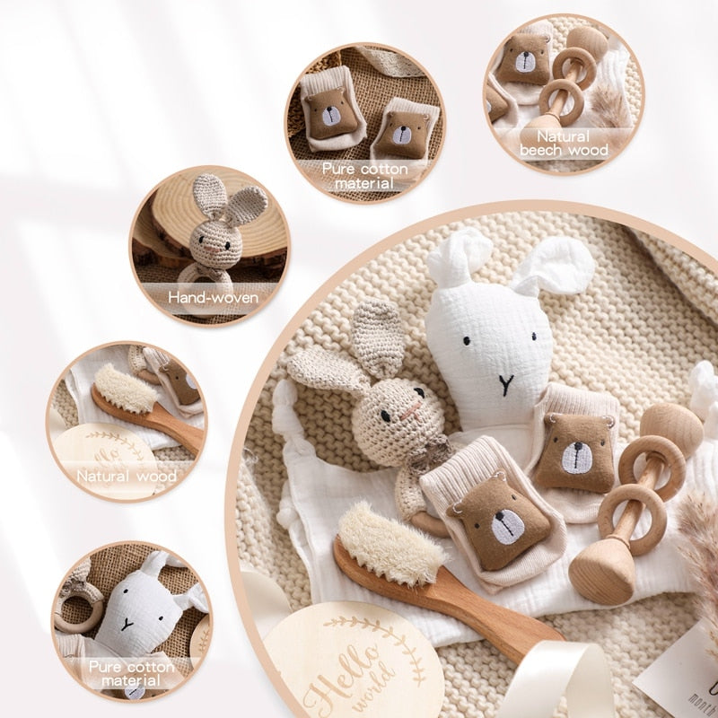 6 Pc Set: Newborn Baby White Bunny Animal Lovey Bath Toy Gift Box