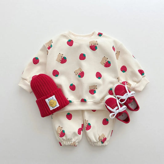 2 Pc Set: Unisex Infant Toddler Strawberry Cotton Sweater and Pants Set