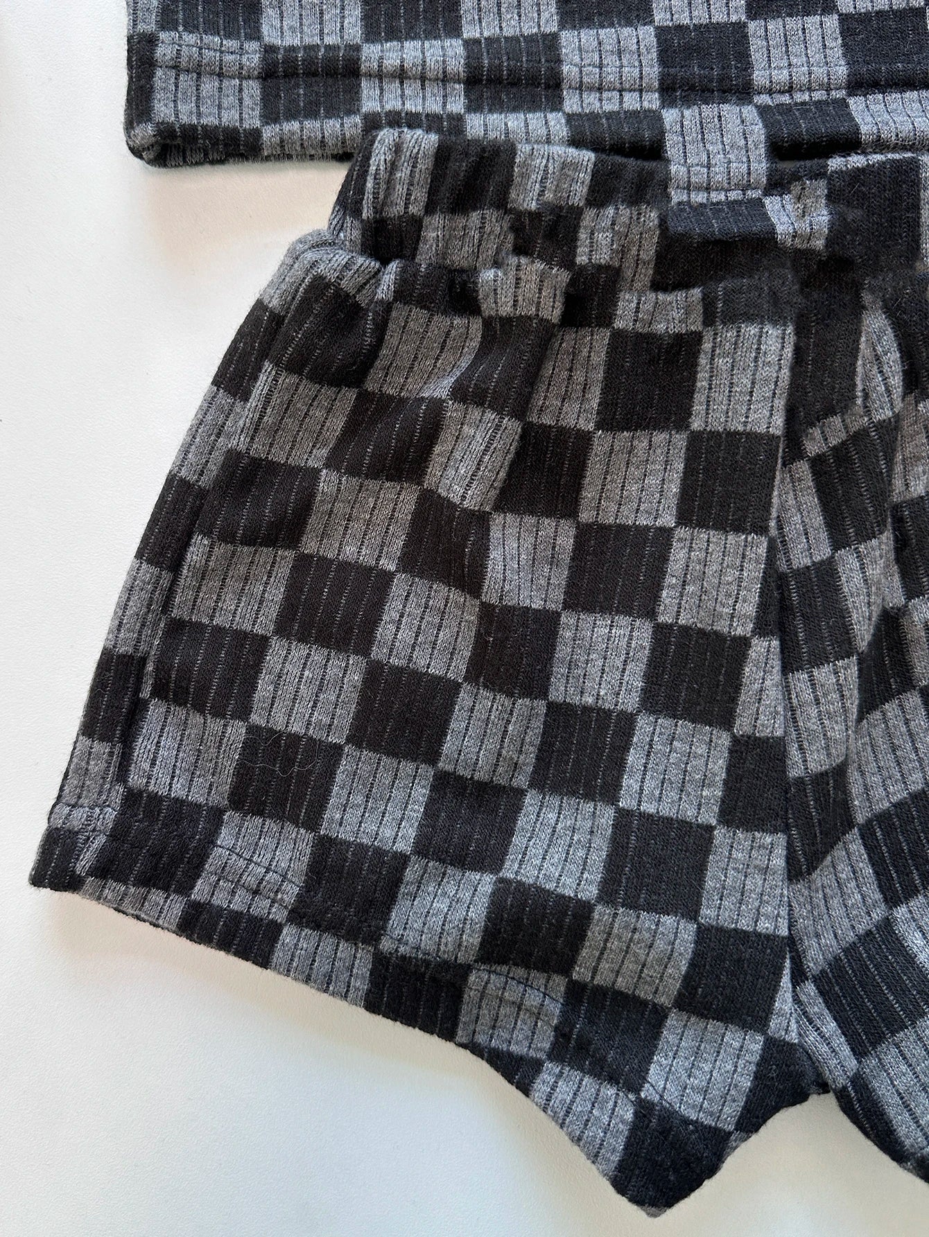 2 Pc Set: Dark Grey Checkered Plaid Top and Shorts Set Baby Toddler