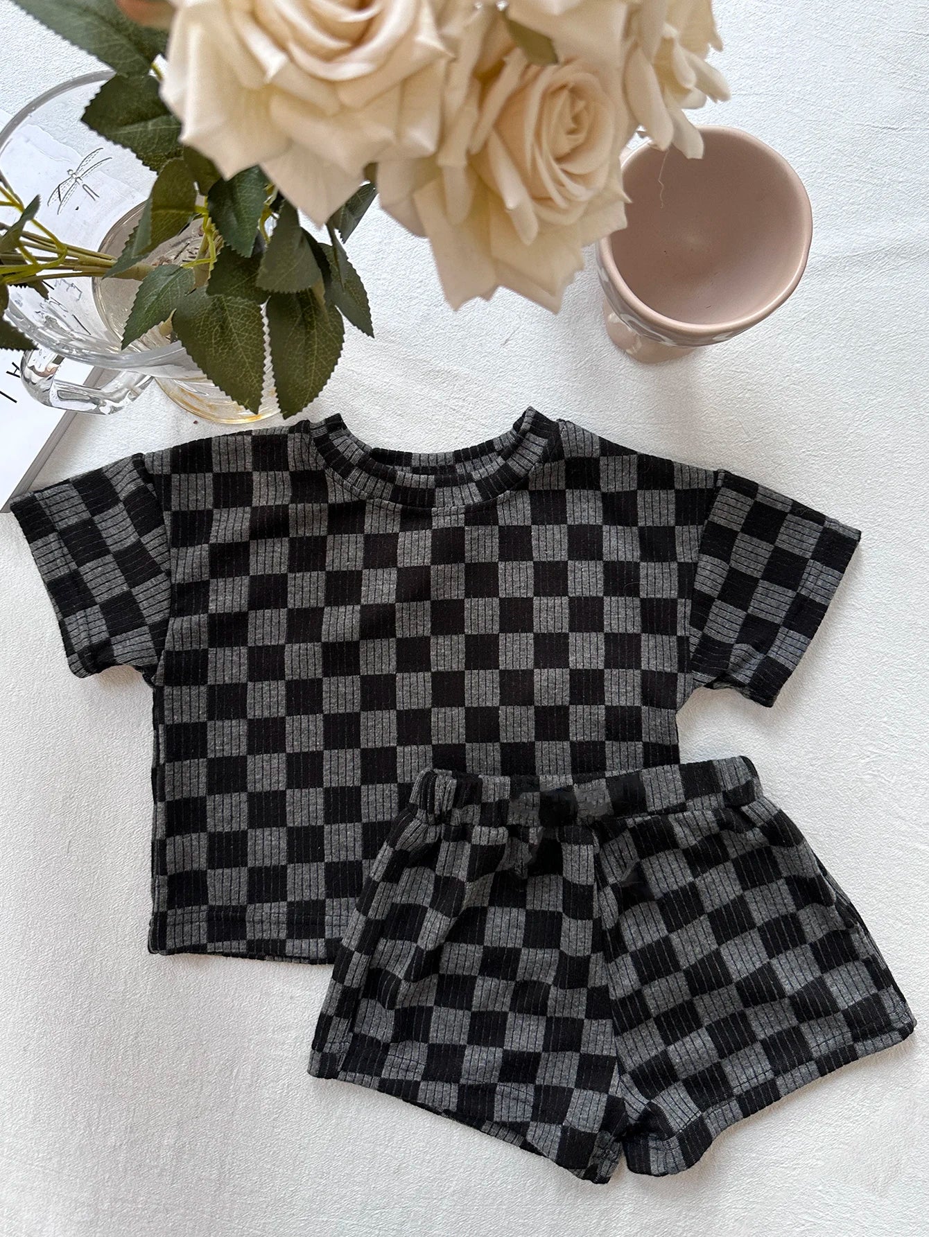 2 Pc Set: Dark Grey Checkered Plaid Top and Shorts Set Baby Toddler