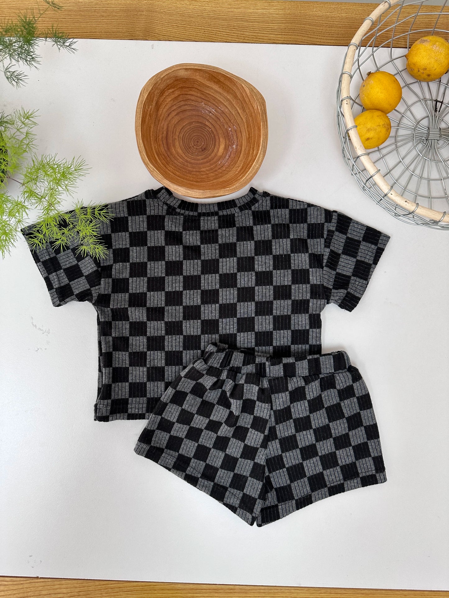 2 Pc Set: Dark Grey Checkered Plaid Top and Shorts Set Baby Toddler