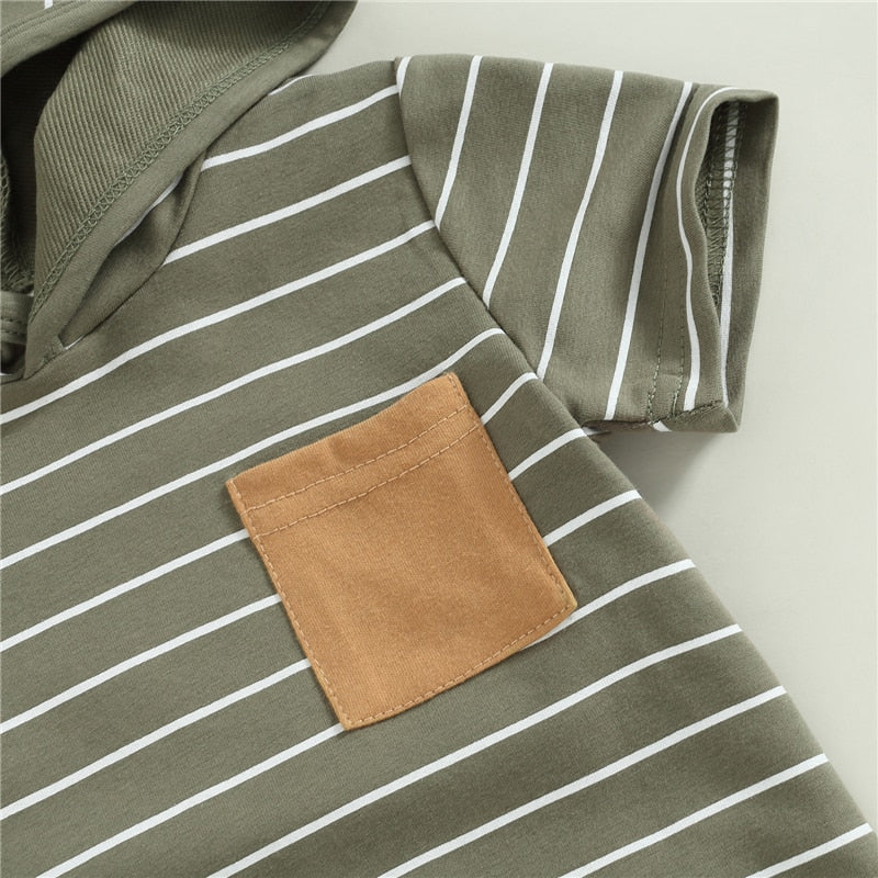 2 Pc: Baby Boy Army Green Short Sleeve Striped Hooded Sweatshirt and Shorts Summer Set