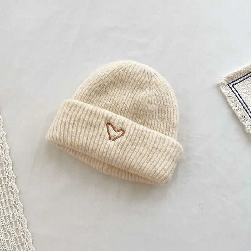 Unisex Cream Love Embroidery Toddler Kids Winter Knitted Hat