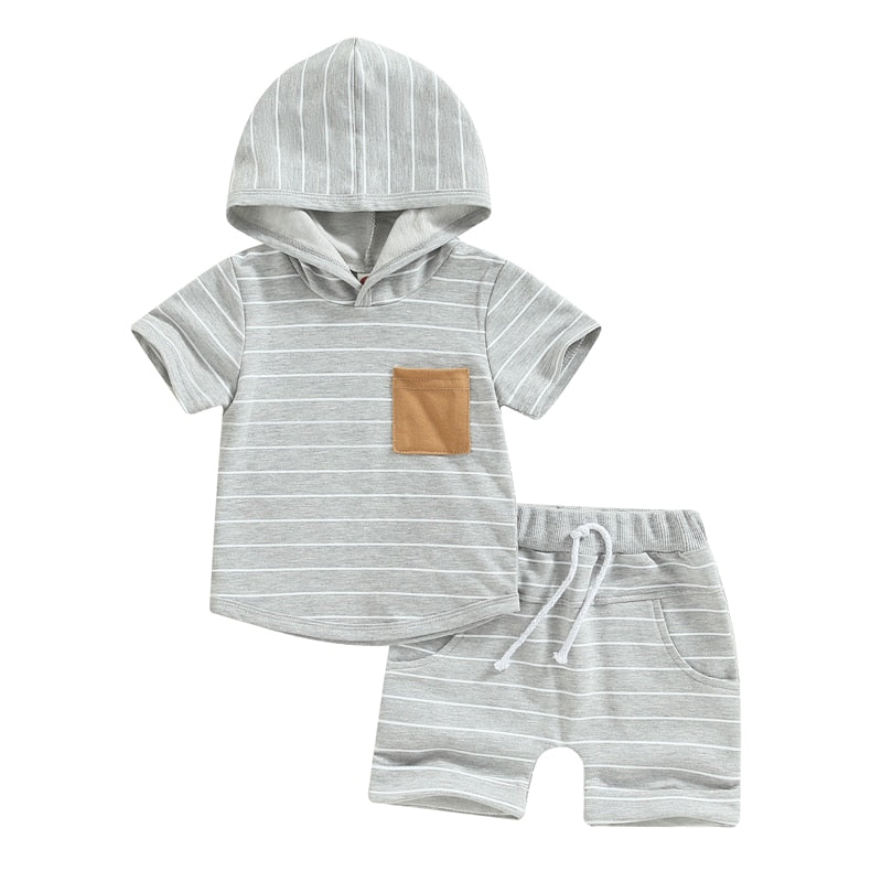 2 Pc: Baby Boy Gray Short Sleeve Striped Hooded Sweatshirt and Shorts Summer Set
