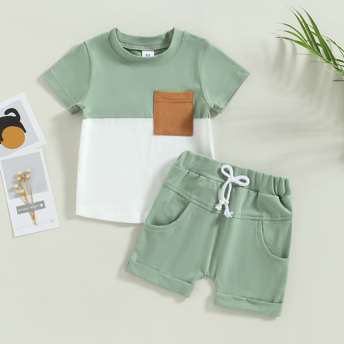 2 Pc Set: 0-3T Toddler Infant Baby Tan & Green Block Tee and Shorts Summer Set