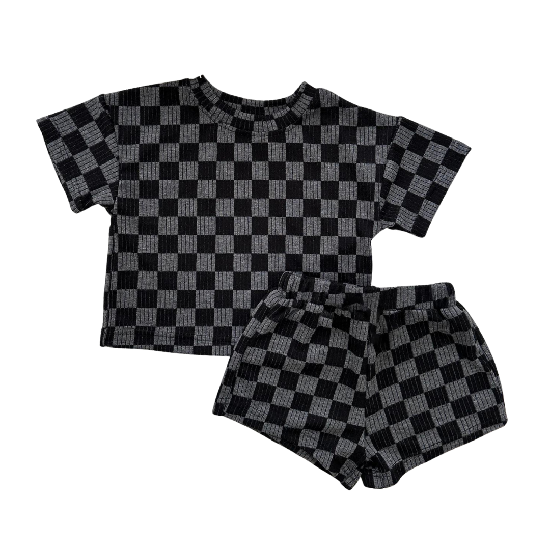 2 Pc Set: Dark Grey Checkered Plaid Top and Shorts Set Baby Toddler