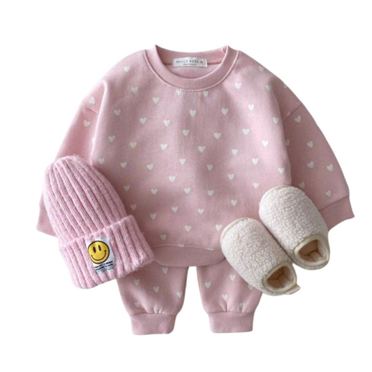 2 Pc Set Infant Toddlers Unisex Pink Hearts Sweater Top and Bottom Set