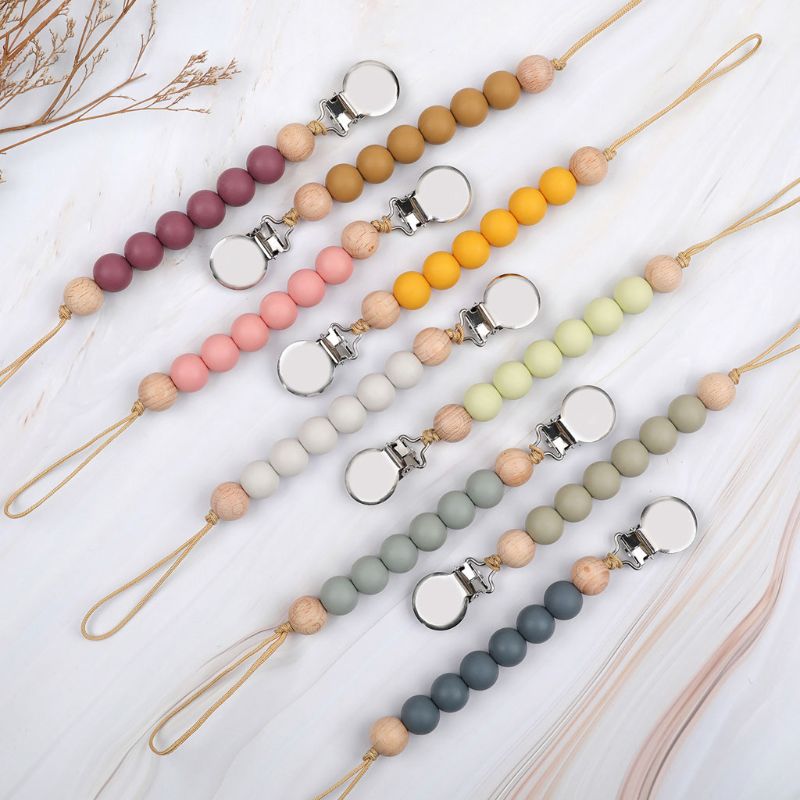 Silicone & Wooden Beads Pacifier Clip Holder Teething Toys Gifts -  BPA Free
