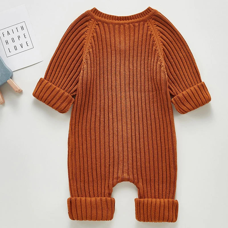 Unisex Infant Toddler Rust Brown Solid Knit Long Sleeve One Piece Button Romper