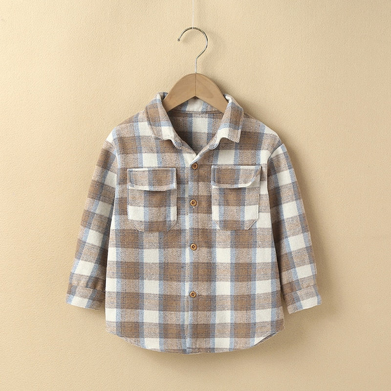 Toddler Kids Unisex Tan Plaid Flannel Long Sleeve Jacket with Pockets