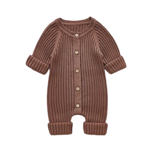 Unisex Infant Toddler Coffee Solid Knit Long Sleeve One Piece Button Romper