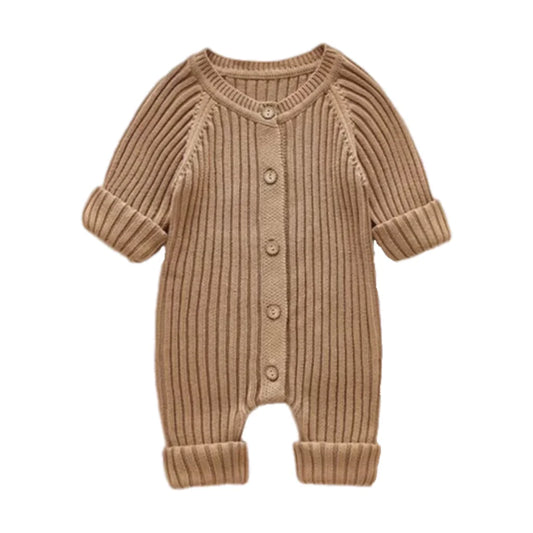 Unisex Infant Toddler Tan Solid Knit Long Sleeve One Piece Button Romper