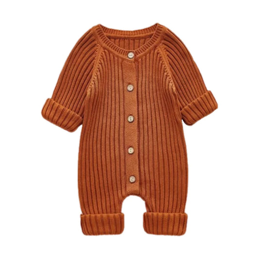 Unisex Infant Toddler Rust Brown Solid Knit Long Sleeve One Piece Button Romper