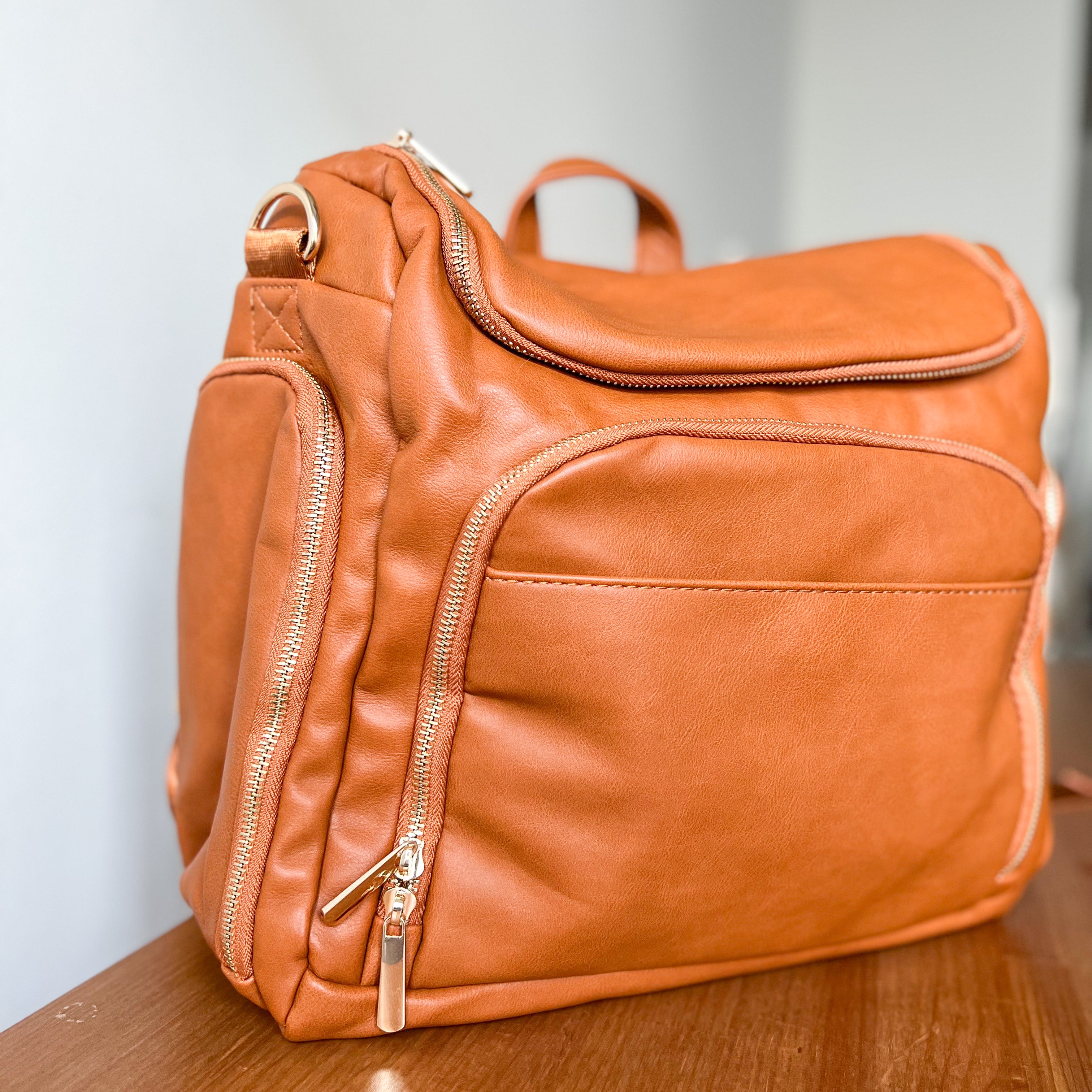 Tan leather diaper bag hot sale