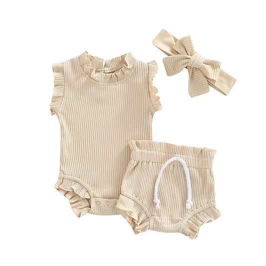 3 Pc Set: Baby Girls Scalloped Bodysuit + Drawstring Shorts + Bow Outfit
