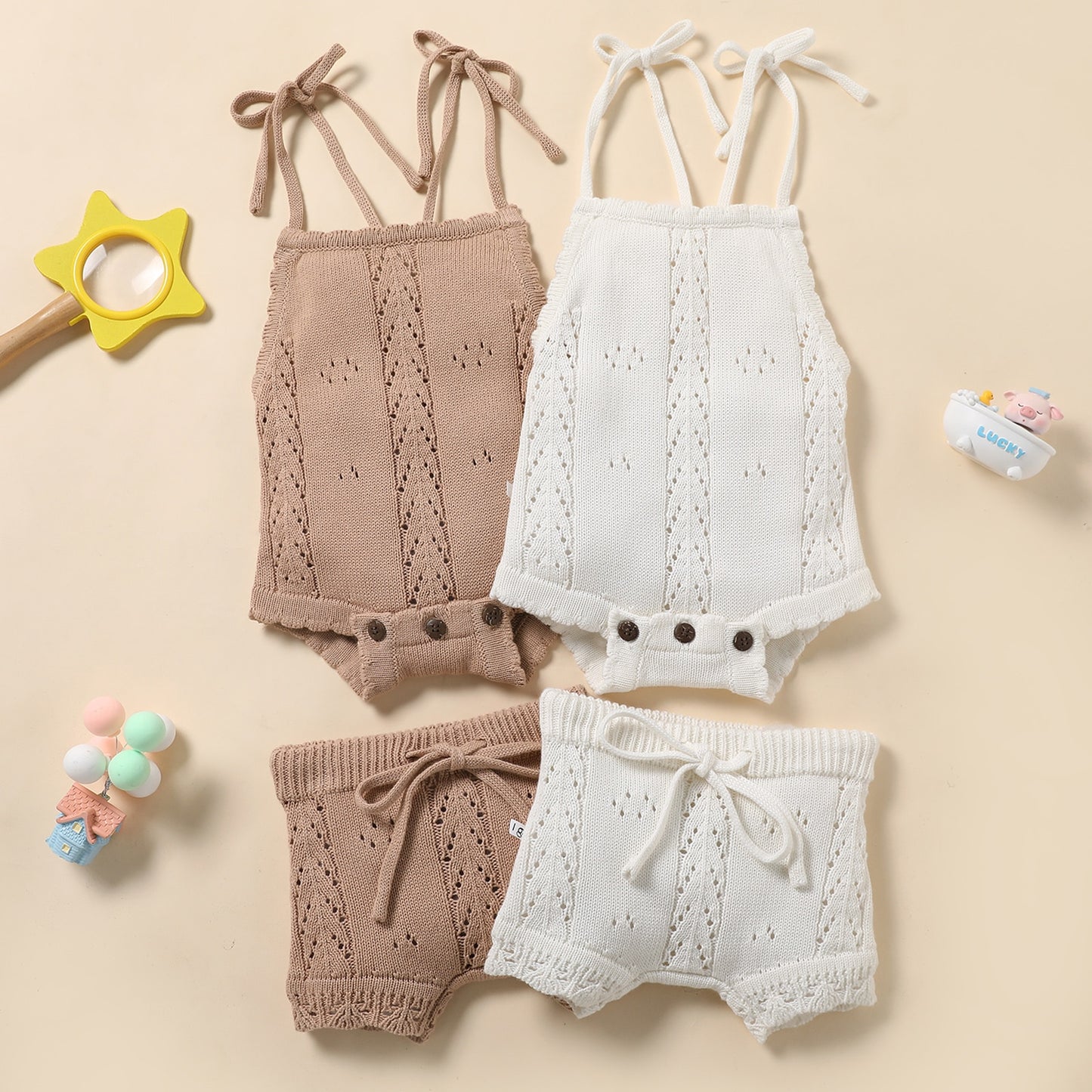 2 Pc Set: Lace-Up Knitted Backless Romper + Drawstring Shorts Outfit Baby Girls