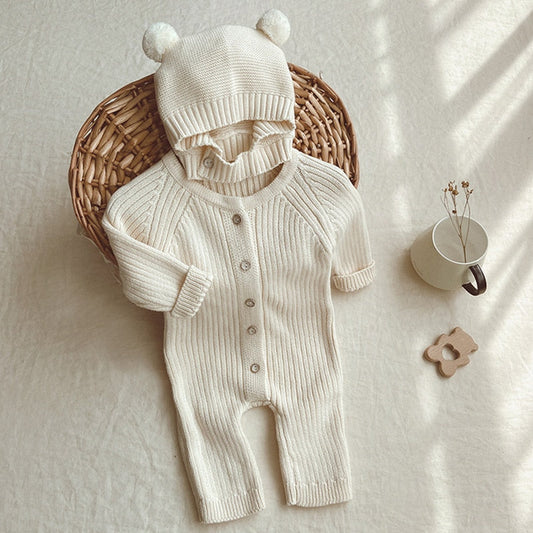 0-24M Unisex White Baby Knit Two Piece Romper and Teddy Hat Set
