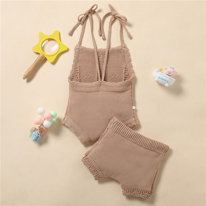 2 Pc Set: Lace-Up Knitted Backless Romper + Drawstring Shorts Outfit Baby Girls