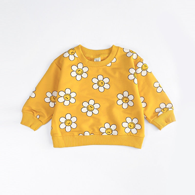 Yellow Sunflower Print Long Sleeve Unisex Baby Tops