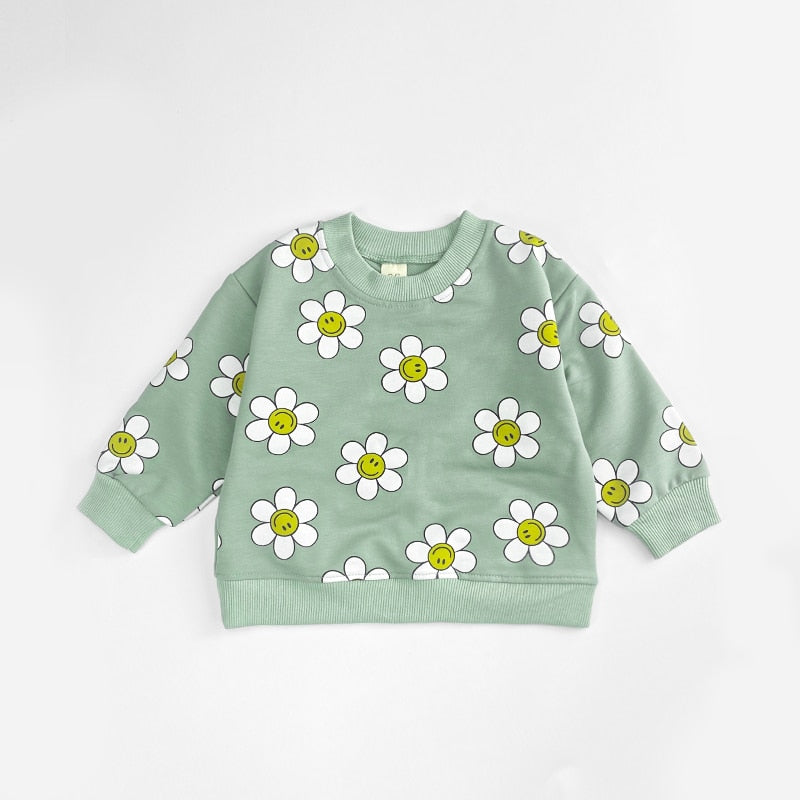 Green Sunflower Print Long Sleeve Unisex Baby Tops