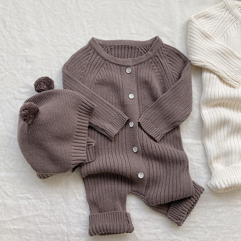 0-24M Unisex Coffee Baby Knit Two Piece Romper and Teddy Hat Set