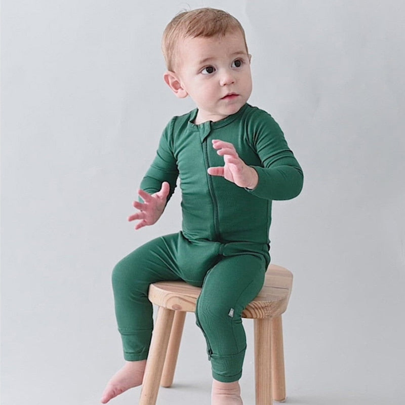 0-24M Baby Toddler Dark Green One Piece Bamboo Zipper Footies Pajamas