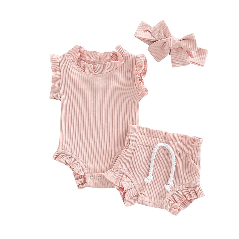 3 Pc Set: Baby Girls Scalloped Bodysuit + Drawstring Shorts + Bow Outfit