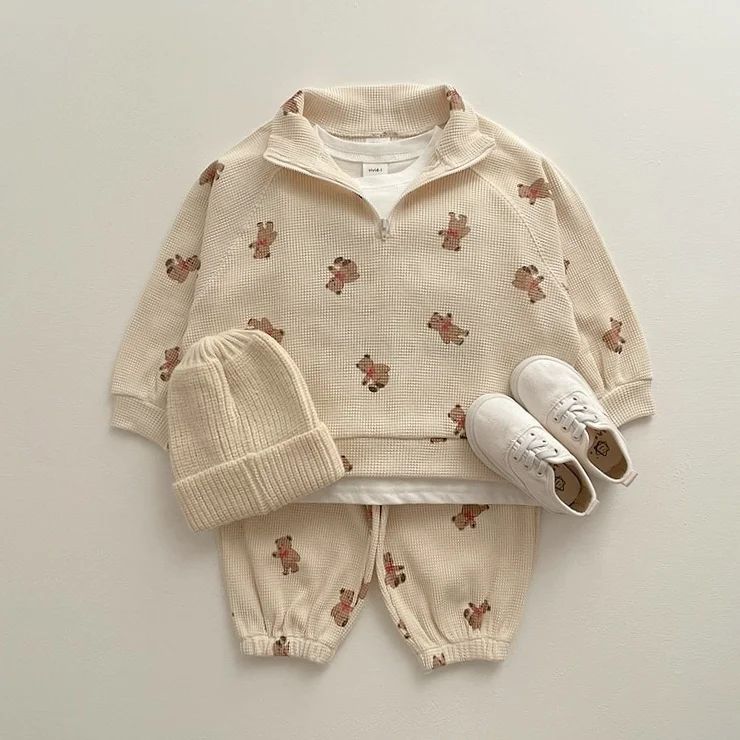 2 Pc Set: Unisex Infant Toddler Bear Print Quarter Zip Sweater and Joggers