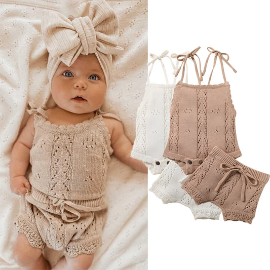 2 Pc Set: Lace-Up Knitted Backless Romper + Drawstring Shorts Outfit Baby Girls