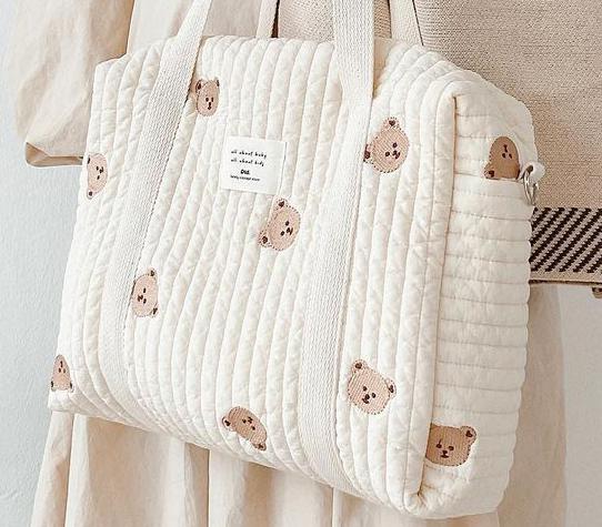 Bear Floral Print Large Cotton Beige Baby Diaper Bag